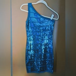 WOWCOUTURE Teal blue One Shoulder full Sequin Dress Small